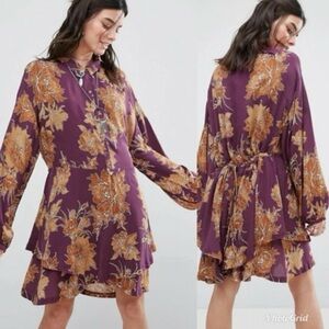 Free People | Shake It Floral Print Dress Swing Long Sleeve Berry Combo - Size L